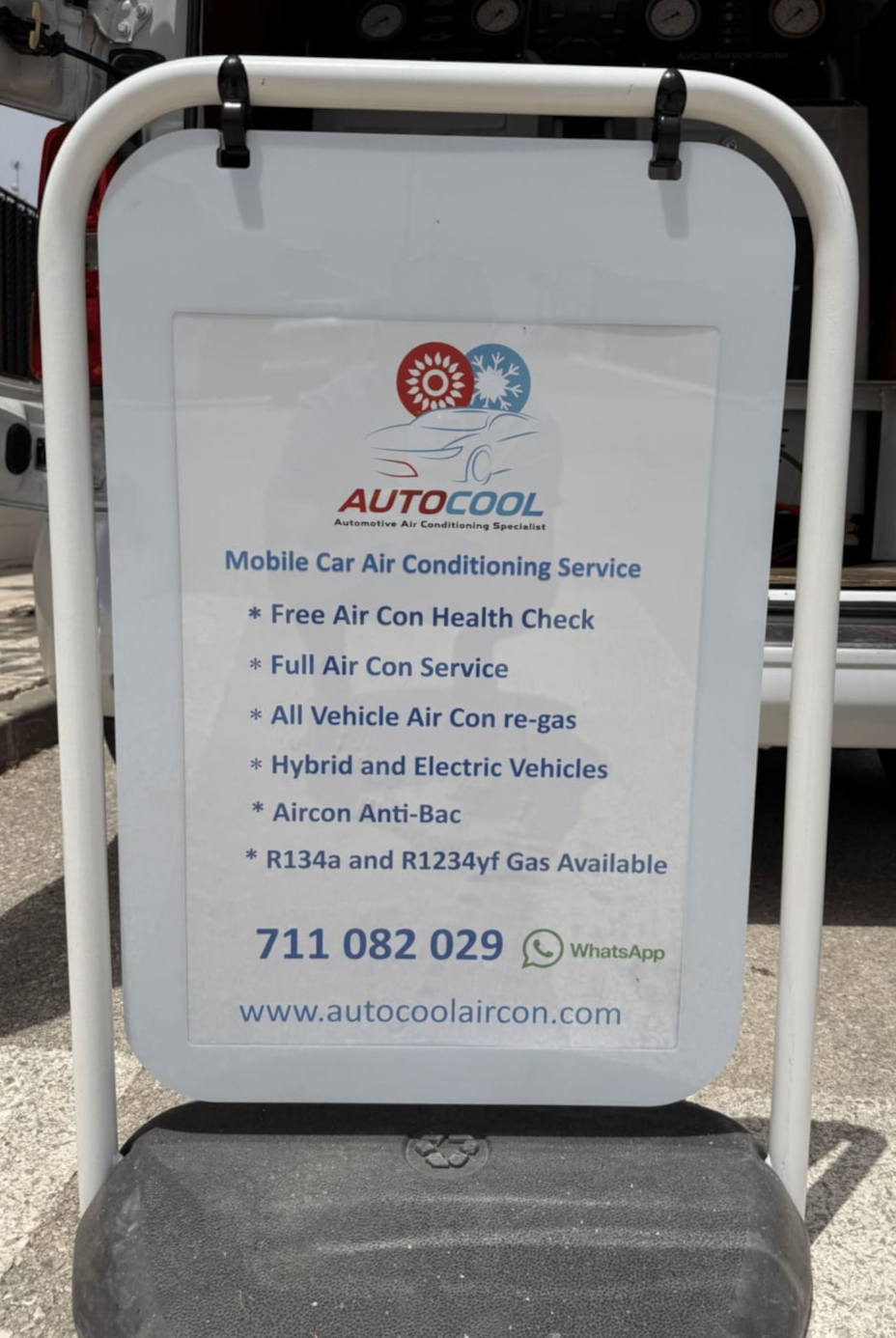 Autocool Aircon mobile service pricing and contact sign board